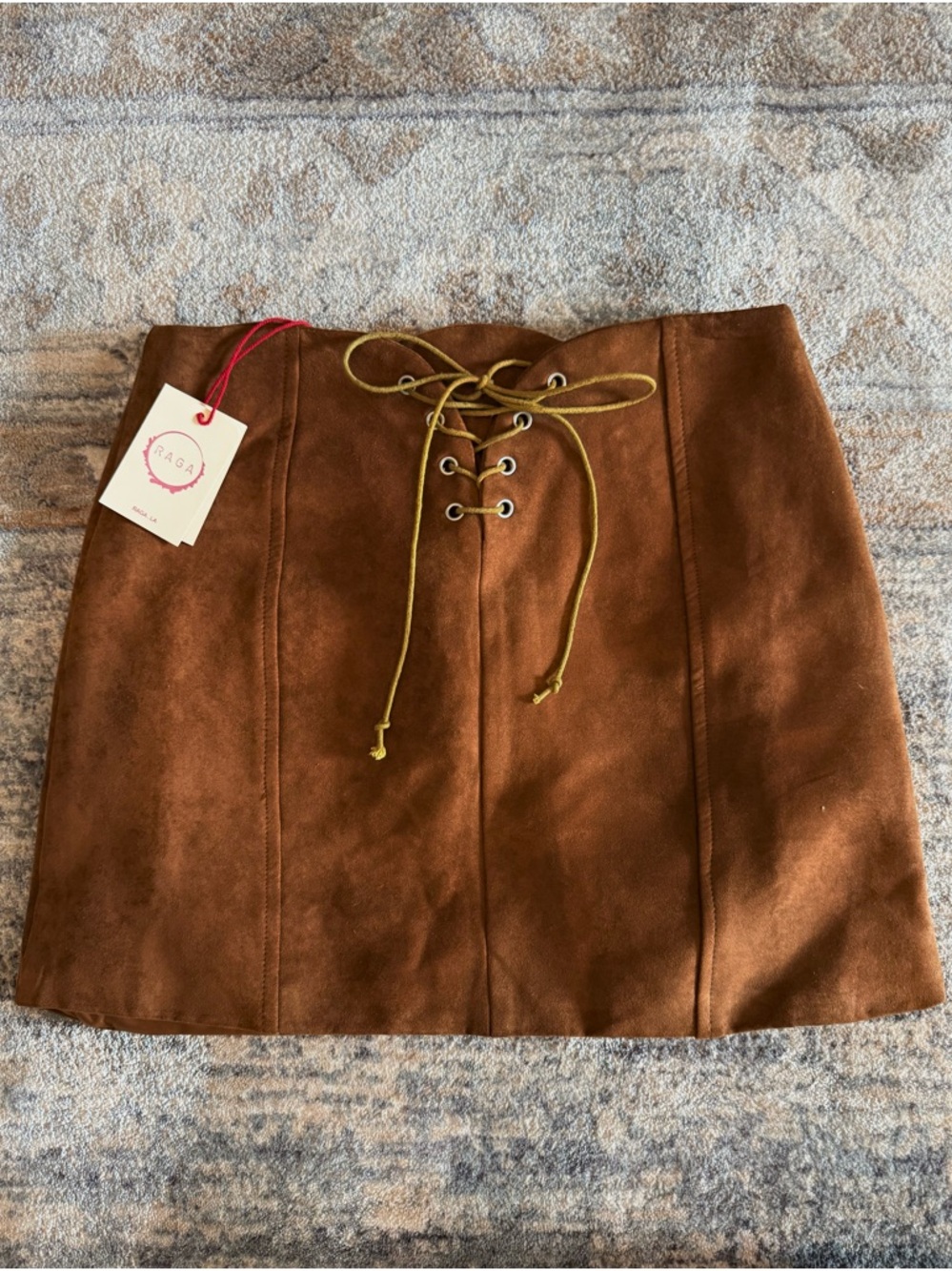 RAGA Lace Up Faux Suede Mini Skirt in Brown- Size: S